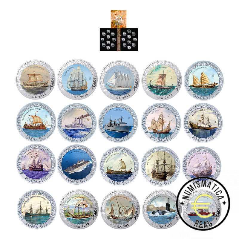 ESPAÑA 2019 1,5 EUROS CONMEMORATIVA 2018-19 COMPLETA 20 MONEDAS - HISTORIA DE LA NAVEGACION - EN COLOR + ESTUCHE UNC.