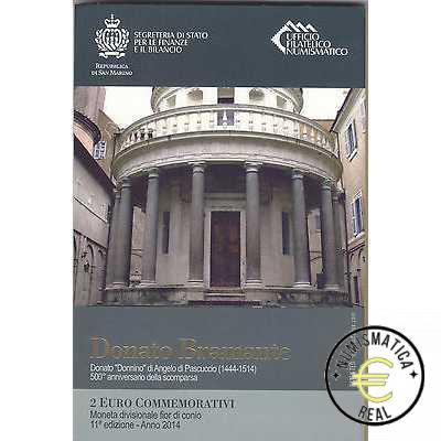 SAN MARINO 2014 2 EUROS CONMEMORATIVA BU - 500º ANIVERSARIO DE LA MUERTE DE DONATELO BRAMANTE - EN CARTERA OFICIAL.