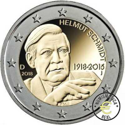 ALEMANIA 2018 2 EUROS CONMEMORATIVA UNC -"CENTENARIO DEL NACIMIENTO DE HELMUT SCHMIDT" LAS 5 CECAS LETRA A,D,F,G,J - S/C. - Imagen 2