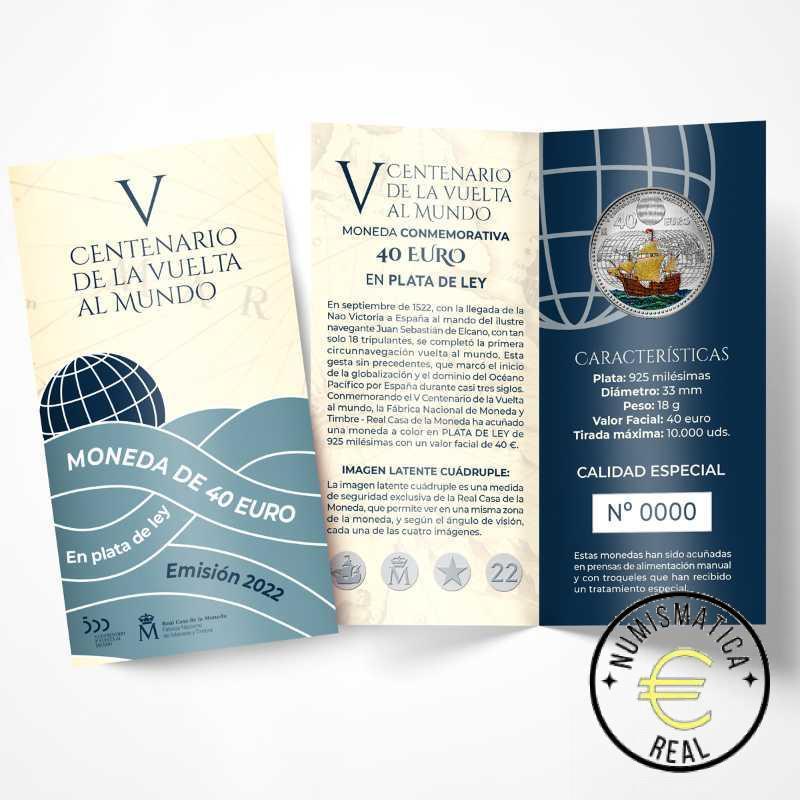 ESPAÑA 2022 40 EUROS DE PLATA EN ESTUCHE - "V CENTENARIO VUELTA AL MUNDO POR JUAN SEBASTIAN DE ELCANON" UNC CON COLOR. EN CARTERA ORIGINAL.