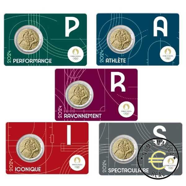 5x FRANCIA 2024 2 EUROS CONMEMORATIVA UNC - JUEGOS OLIMPICOS PARIS 2024 - 4 ED. (EN COINCARD) 5 VERSIONES EN 5 COLORES DIFERENTES. - S/C.