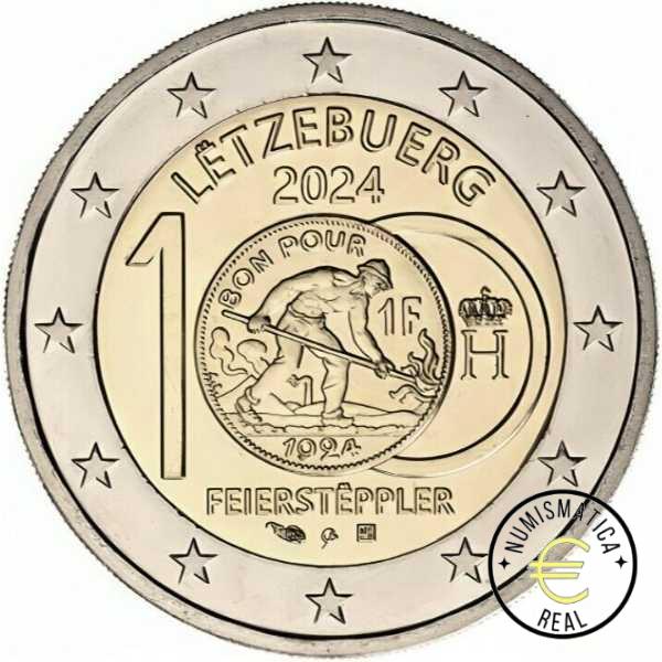 LUXEMBURGO 2024 2 EUROS CONMEMORATIVA BU "100º ANIVERSARIO DE MONEDAS DEL FEIERSTEPPLER" VARIANTE  SIGNOS "VARITA" Y "CUERVO" - EN COINCARD - BNC. - Imagen 2