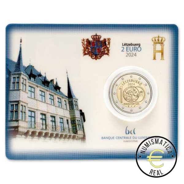 LUXEMBURGO 2024 2 EUROS CONMEMORATIVA BU "100º ANIVERSARIO DE MONEDAS DEL FEIERSTEPPLER" VARIANTE  SIGNOS "VARITA" Y "CUERVO" - EN COINCARD - BNC.