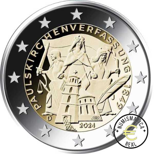 5x ALEMANIA 2024 2 EUROS CONMEMORATIVA UNC "175 ANV. CONSTITUCION DE LA PAULSKIRCHE" S/C. 5 CEDAS (A,D,F,J,G). - Imagen 2