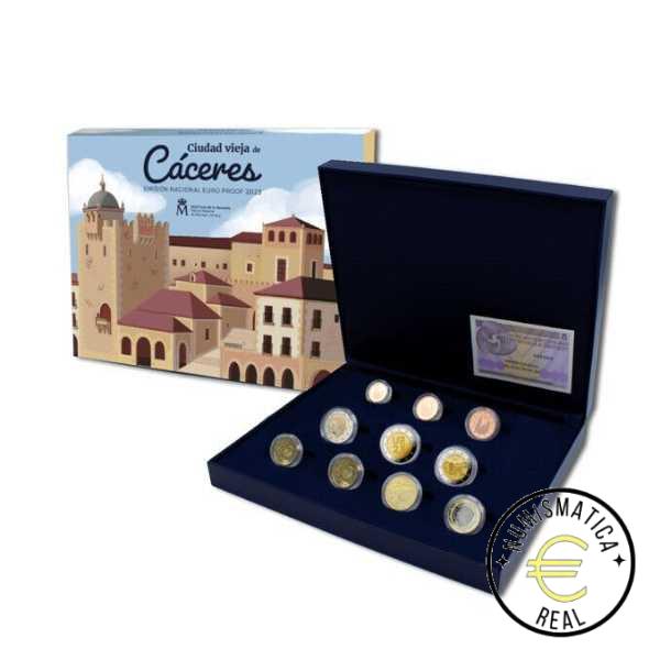 ESPAÑA 2023 8 VALORES + 2 CONMEMORATIVAS 2 EUROS PROOF - TOTAL 10 MONEDAS "CIUDAD DE CACERES Y PRESIDENCIA EUROPEA" BE - EUROSET PP.