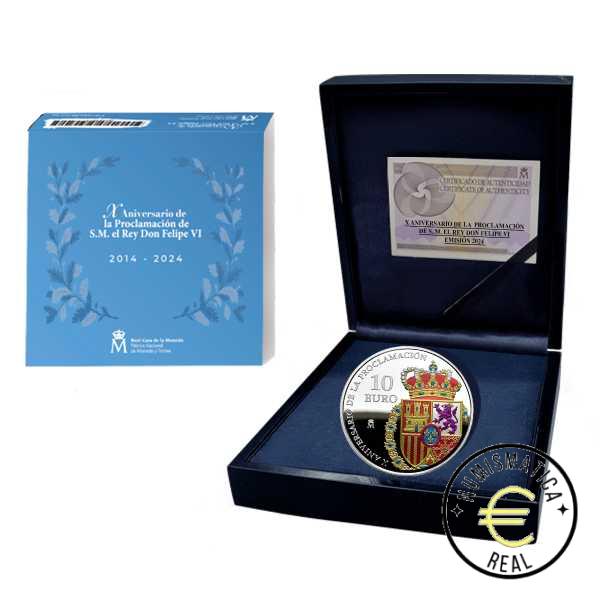 ESPAÑA 2024 10 EUROS PROOF – "X ANIVERSARIO DE S.M. REY DON FELIPE VI 2014” BE – PP.