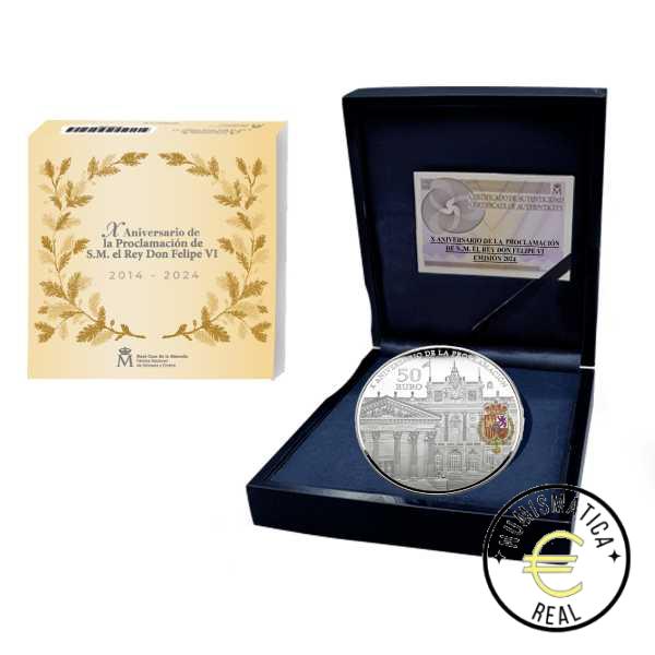 ESPAÑA 2024 50 EUROS PROOF - CINCUENTIN "X ANIVERSARIO DE S.M. REY DON FELIPE VI 2014-2024" BE -PLATA PP + 5,4 Oz .