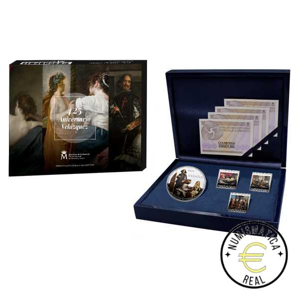 ESPAÑA 2024 3x ONZAS 10 EUROS + 50 EUROS CINCUENTIN ESTUHE PROOF - MONEDA DE PLATA COLOR "425 ANIV VELÁZQUEZ" CUADRO BE - PP.