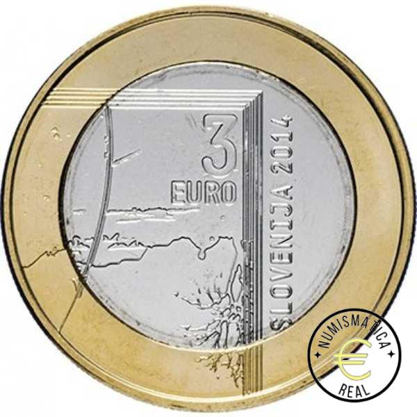 ESLOVENIA 2014 3 EUROS CONMEMORATIVA UNC "200º ANV. NACIMIENTO JANEZ PUHAR" S/C. - Imagen 2
