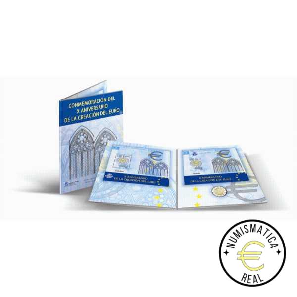 ESPAÑA 2009 2 EUROS CARPETA F.N.M.T + CORREOS - "10º ANIVERSARIO DEL EURO" + SELLO - CARTERA OFICIAL.