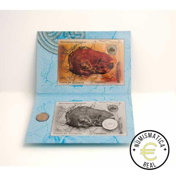 ESPAÑA 2015 2 EUROS CARPETA F.N.M.T + CORREOS - PATRIMONIO UNESCO "CAVERNA DE ALTAMIRA" + SELLO - CARTERA OFICIAL. - Imagen 2