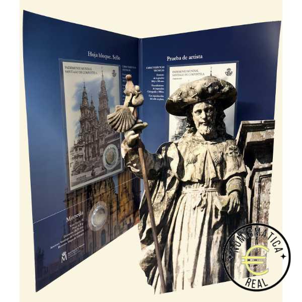 ESPAÑA 2018 2 EUROS CARPETA F.N.M.T + CORREOS - PATRIMONIO UNESCO "CASCO ANTIGUO DE SANTIAGO DE COMPOSTELA" + SELLO - CARTERA OFICIAL.