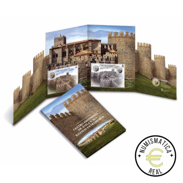 ESPAÑA 2019 2 EUROS CARPETA F.N.M.T + CORREOS - PATRIMONIO UNESCO "MURALLA DE ÁVILA" + SELLO - CARTERA OFICIAL. - Imagen 2