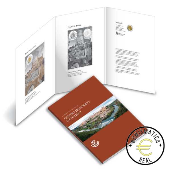 ESPAÑA 2021 2 EUROS CARPETA F.N.M.T + CORREOS - PATRIMONIO UNESCO "CIUDAD HISTORICA DE TOLEDO" + SELLO - CARTERA OFICIAL.