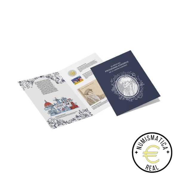 ESPAÑA 2022 2 EUROS CARPETA F.N.M.T + CORREOS - "PROGRAMA ERASMUS" + SELLO - CARTERA OFICIAL.