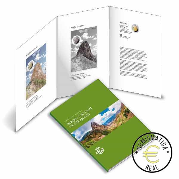 ESPAÑA 2022 2 EUROS CARPETA F.N.M.T + CORREOS - PATRIMONIO UNESCO "PARQUE NACIONAL DE GARAJONAY" + SELLO - CARTERA OFICIAL.