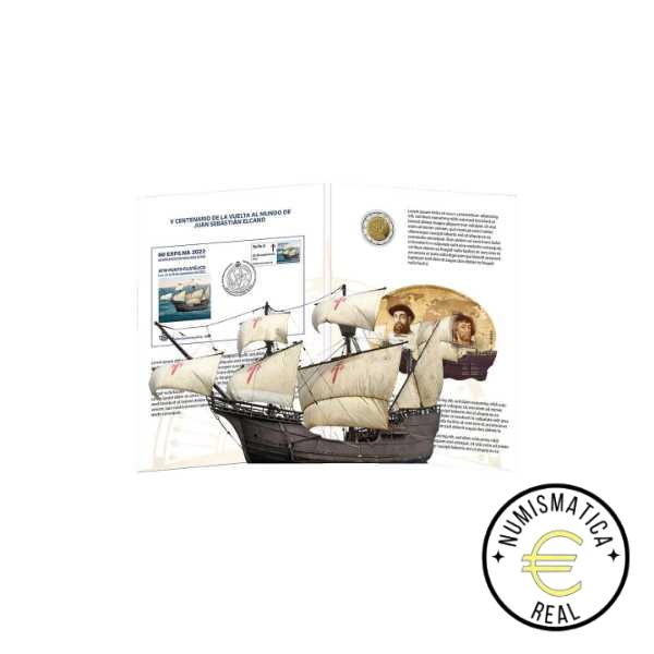 ESPAÑA 2022 2 EUROS CARPETA F.N.M.T + CORREOS - "V CENTENARIO DE LA PRIMERA VUELTA AL MUNDO - ELCANO" + SELLO - CARTERA OFICIAL.