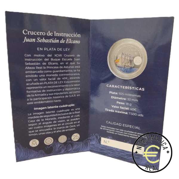 ESPAÑA 2025 40 EUROS DE PLATA EN ESTUCHE - 97º CRUCERO DE JUAN SEBASTIAN ELCANO Y LA PRINCESA LEONOR DE ASTURIAS" CALIDAD ESPECIAL SIMILAR A PROOF EN COLOR. EN CARTERA ORIGINAL.