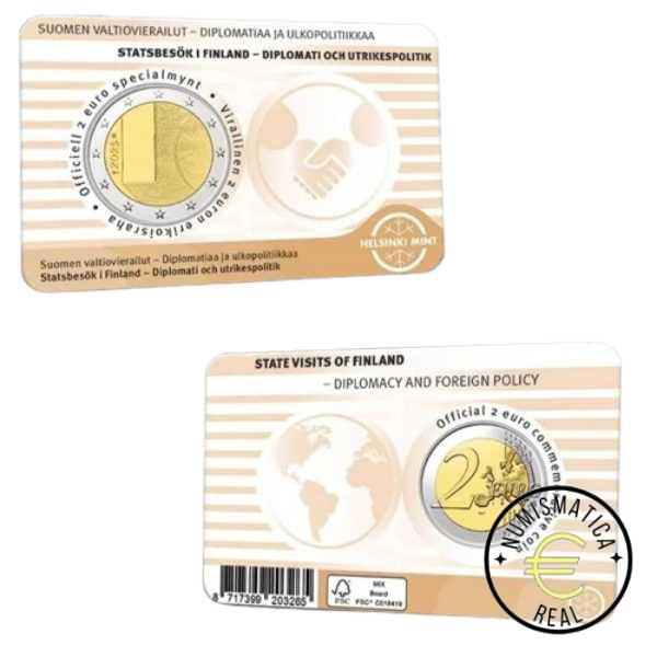FINLANDIA 2025 2 EUROS CONMEMORATIVA BU - VISITAS DE ESTADO "DIPLOMACIA Y POLITICA EXTERIOR" VARIANTE EN COINCARD NARANJA - BNC.