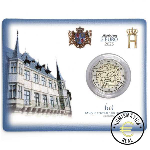 LUXEMBURGO 2025 2 EUROS CONMEMORATIVA BU "75º ANIVERSARIO DE LA DECLARACION SCHUMAN" VARIANTE SIGNOS "VARITA" Y "CUERVO" - EN COINCARD - BNC.