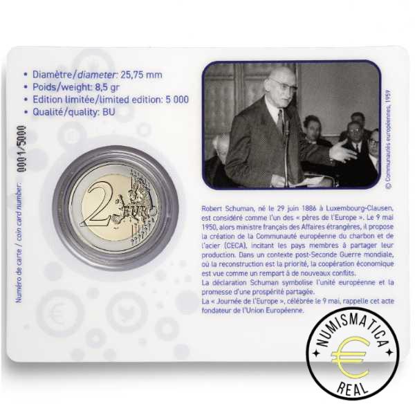 LUXEMBURGO 2025 2 EUROS CONMEMORATIVA BU "75º ANIVERSARIO DE LA DECLARACION SCHUMAN" VARIANTE "EN COLOR" - EN COINCARD - BNC. - Imagen 3
