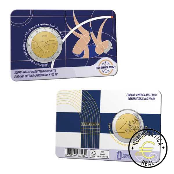 FINLANDIA 2025 2 EUROS CONMEMORATIVA BU - "100 AÑOS DE LA COMPETICION DE ATLETISMO FILANDIA-SUECIA" VARIANTE EN COINCARD MUJER - BNC.