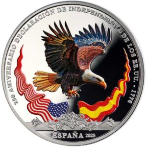 ESPAÑA 2025 10 EUROS PROOF – 8 REALES “250 ANIV. INDEPENDENCIA DE LOS EE. UU. - CARLOS III Y GEORGE WASHINGTON” BE – PP.
