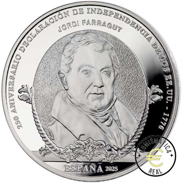 ESPAÑA 2025 10 EUROS PROOF – 8 REALES “250 ANIV. INDEPENDENCIA DE LOS EE. UU. - JORDI FARRAGUT” BE – PP. - Imagen 2
