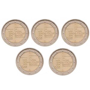 5x ALEMNIA 2025 2 EUROS CONMEMORATIVA UNC "35 ANIV. DE LA UNIDAD ALEMANA" S/C. 5 CEDAS (A,D,F,J,G)