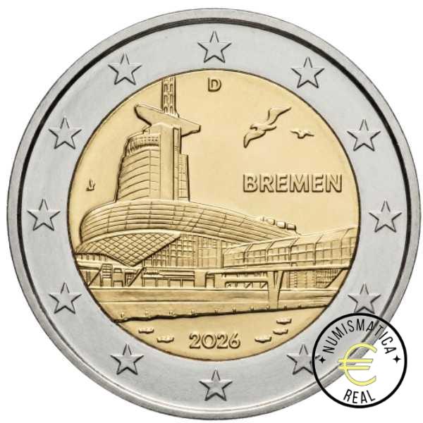 5x ALEMANIA 2026 2 EUROS CONMEMORATIVA UNC "CASA DEL CLIMA BREMERHAVEN - BREMEN" S/C. 5 CEDAS (A,D,F,J,G). - Imagen 2