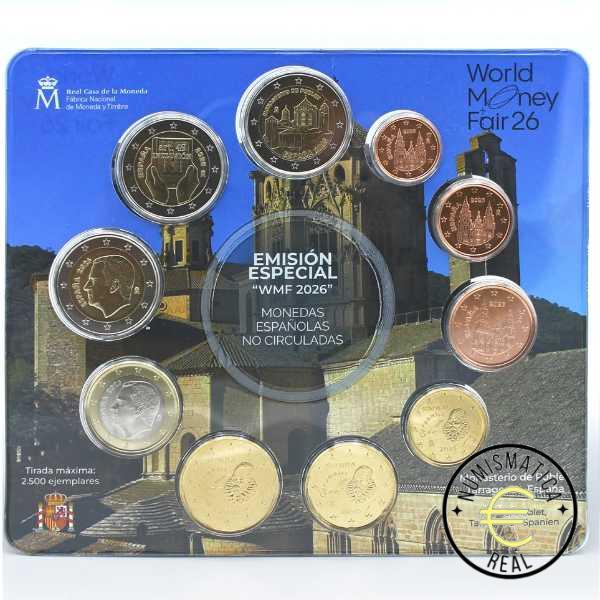 ESPAÑA 2026 10 VALORES - SERIE DE 1CENT A 2 EUROS 8 VALORES + 2 x 2 EUROS COM. "MONASTERIO DE POBLET" E "INCLUSION"- CARTERA WMF BERLIN BU - EUROSET. DIFICIL
