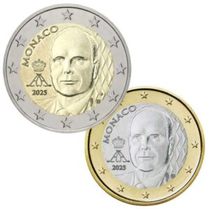 MONACO 2025 MONEDAS DE 1 Y 2 EUROS PRINCIPE ALBERTO II UNC. S/C.