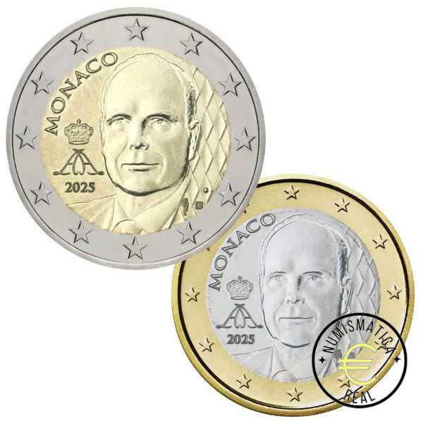 MONACO 2025 MONEDAS DE 1 Y 2 EUROS PRINCIPE ALBERTO II UNC. S/C.