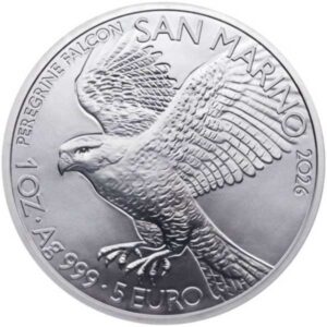 SAN MARINO 2026 5 EUROS - ONZA PLATA MONEDA "FALCO PELLEGRINO" BU. + ESTUCHE