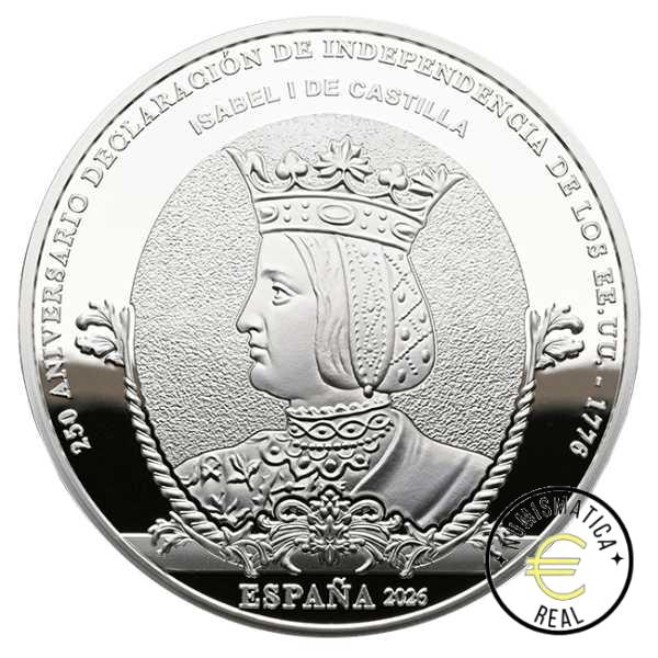 ESPAÑA 2026 10 EUROS PROOF – 8 REALES “250 ANIV. INDEPENDENCIA DE LOS EE. UU. - ISABEL I DE CASTILLA” BE – PP. - Imagen 2