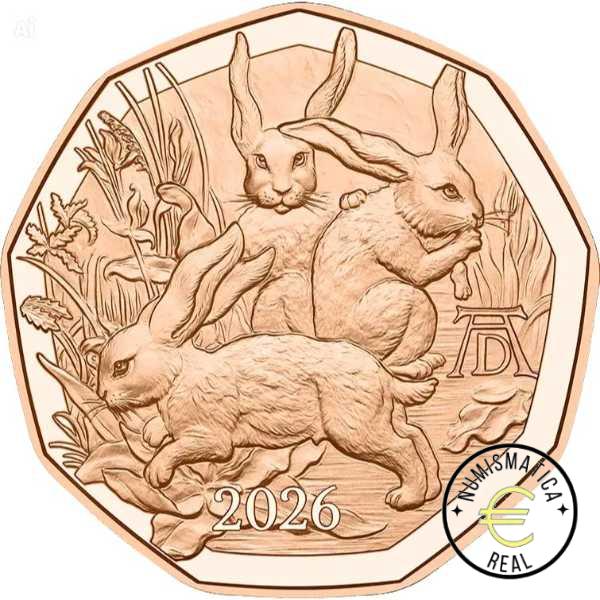 AUSTRIA 2026 5 EUROS CONMEMORATIVA UNC "PASCUA - LOS TRES CONEJOS DE DURERO" S/C.