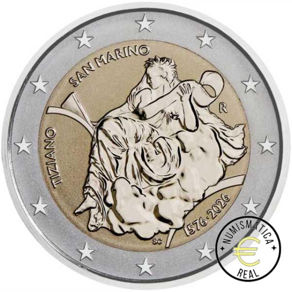 SAN MARINO 2026 2 EUROS CONMEMORATIVA PROOF REVERSO - 450º ANIVERSARIO DE LA MUERTE DE TIZIANO - EN ESTUCHE OFICIAL BE. - Imagen 2