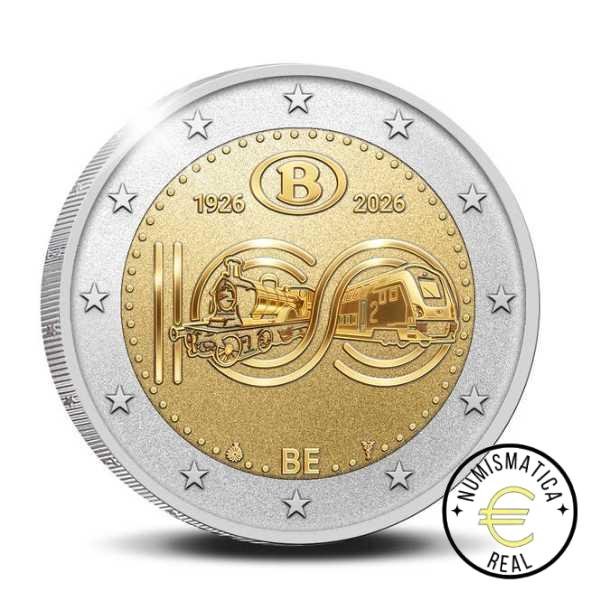 BELGICA 2026 2 EUROS CONMEMORATIVA PROOF REVERSO -100 AÑOS DE SNCB "FERROCARRIL, MOVILIDAD BELGA EN TREN" - EN ESTUCHE OFICIAL PP REVERSO. - Imagen 2