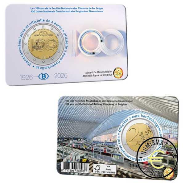 BELGICA 2026 2 EUROS CONMEMORATIVA BU - 100 AÑOS DE SNCB "FERROCARRIL, MOVILIDAD BELGA EN TREN"- EN COINCARD - BNC. - Imagen 2