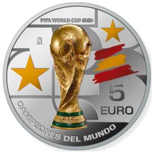 ESPAÑA 2026 5 EUROS PROOF – 4 REALES “CAMPEONES DEL MUNDO FIFA WORLD CUP” BE – PP.