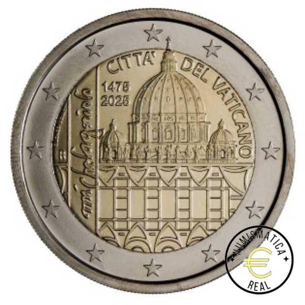 VATICANO 2025 2 EUROS CONMEMORATIVA BU - 550º ANIVRSARIO DEL NACIMIENTO DE MIGUEL ANGEL - EN CARTERA OFICIAL. - Imagen 2
