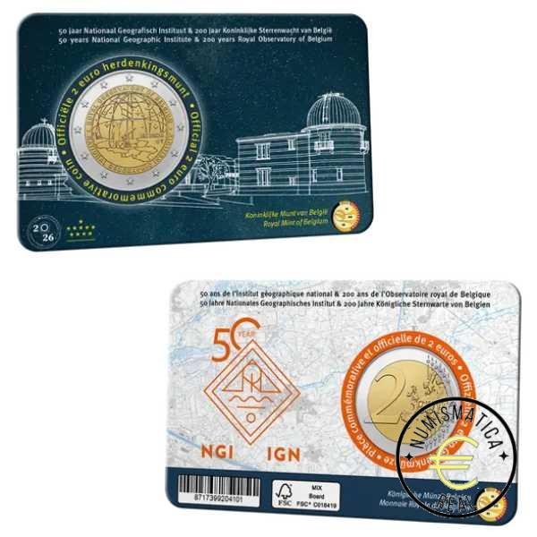 BELGICA 2026 2 EUROS CONMEMORATIVA BU - 50 AÑOS DEL INSTITUTO GEOGRAFICO NACIONAL "200º AÑOS DEL REAL OBSERVATORIO BELGA"- EN COINCARD - BNC.